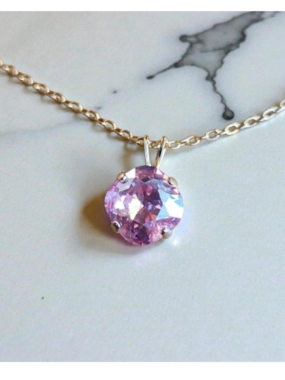 Gold Chain Necklace, Pink Crystal Pendant, Hand Crafted